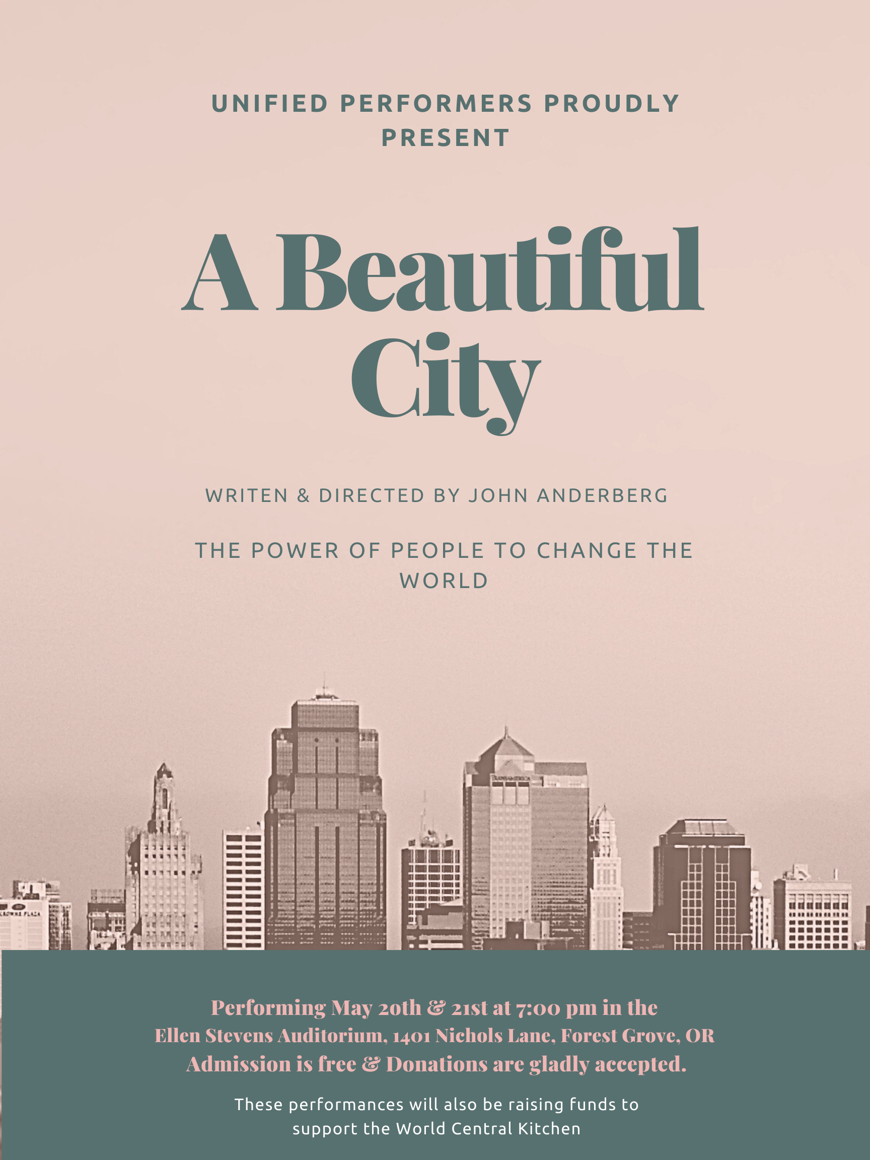 A beautiful city play poster: pink background with a city landscape in the foreground